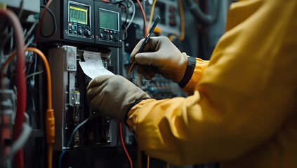 Electrician Examining Electrical Panel with Diagram and Pen