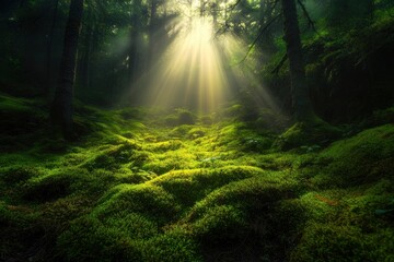 Obraz premium Sunlight in a green forest. Forest sunbeam. Ray of sunlight in forest green. Mossy forest sunbeam , ai