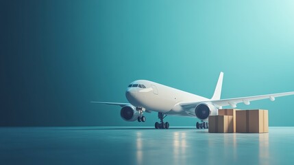 Modern cargo airplane with boxes ready for loading, symbolizing air freight and logistics in a stylized setting.