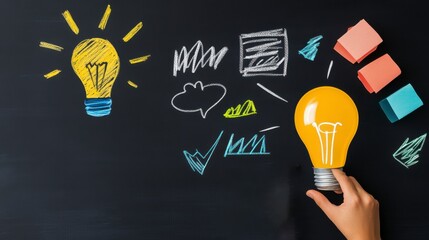 Creative brainstorming session with light bulb ideas drawn on blackboard, inspiring innovation and fresh concepts.