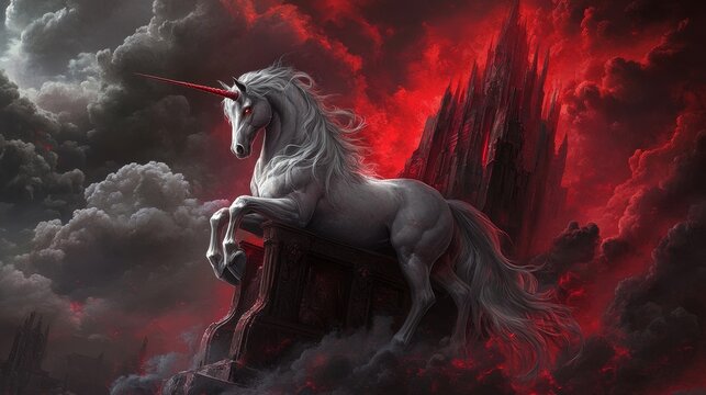A white unicorn with crimson eyes, its horn tipped with red, stands majestically atop a dark, gothic structure. The creature's presence evokes a sense of power and danger. The swirling red and grey cl