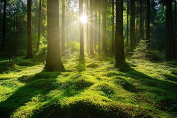 Obraz premium Sunlight in a green forest. Forest sunbeam. Ray of sunlight in forest green. Mossy forest sunbeam , ai
