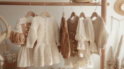 Close-up of fashionable dresses and white, beige and brown sweaters on hangers in a newborn wardrobe.