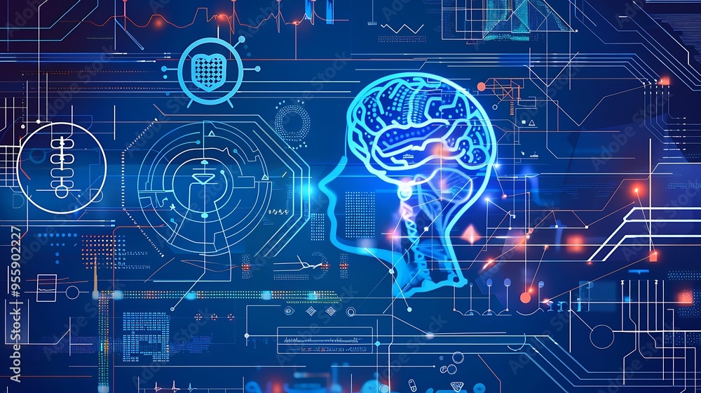 Poster abstract digital representation of a human brain within a complex circuit board design, symbolizing 