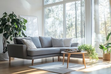 Fototapeta premium Interior of light living room with cozy grey sofas near big window, ai
