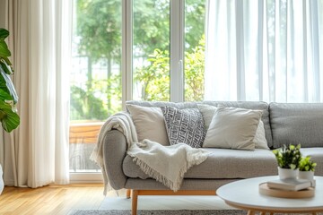 Fototapeta premium Interior of light living room with cozy grey sofas near big window, ai