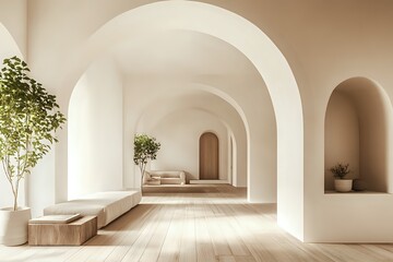 Fototapeta premium Minimalist Living Room with Arched Entryways, Light Wood Floors, and Greenery
