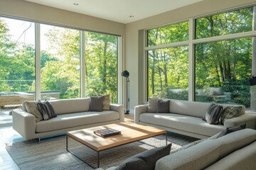 Fototapeta premium Interior of light living room with cozy grey sofas near big window, ai
