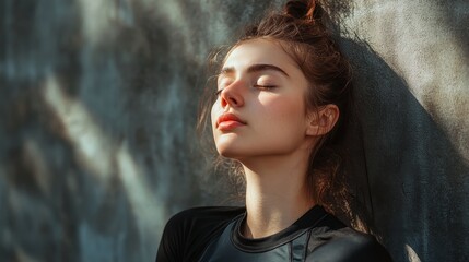 Fototapeta premium A young woman in athletic wear leans against a wall, her eyes closed and her face relaxed. She embodies peace, tranquility, and a sense of well-being, highlighting the importance of rest and rejuvenat