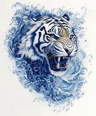 A fierce tiger emerges from swirling blue waves, showcasing strength and beauty.