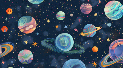 Seamless pattern of colorful planets and stars in a vibrant outer space scene