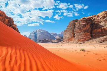 Fototapeta premium Orange red sand desert, rocky formations and mountains background, blue sky above - typical scenery in Wadi Rum, Jordan with generative ai
