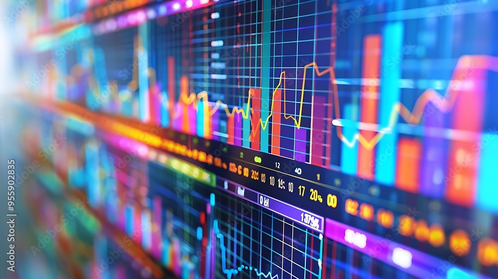 Poster close-up of a computer screen showing various financial graphs and charts representing stock market 