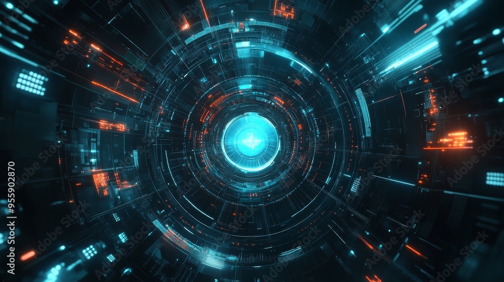 Poster abstract futuristic technology background with a circular tunnel made of glowing lines and geometric