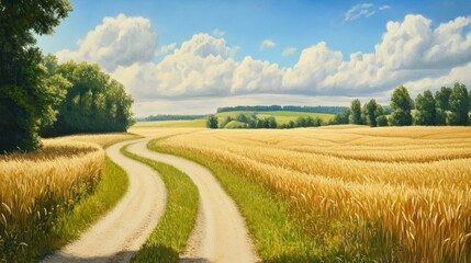 A painting of a road that leads to a field of tall grass