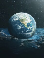 A blue planet with a white ocean surrounding it