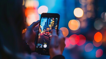 Person's hand holding a smartphone capturing a city night scene, with glowing street lights and buildings, creating a beautiful urban landscape photograph.