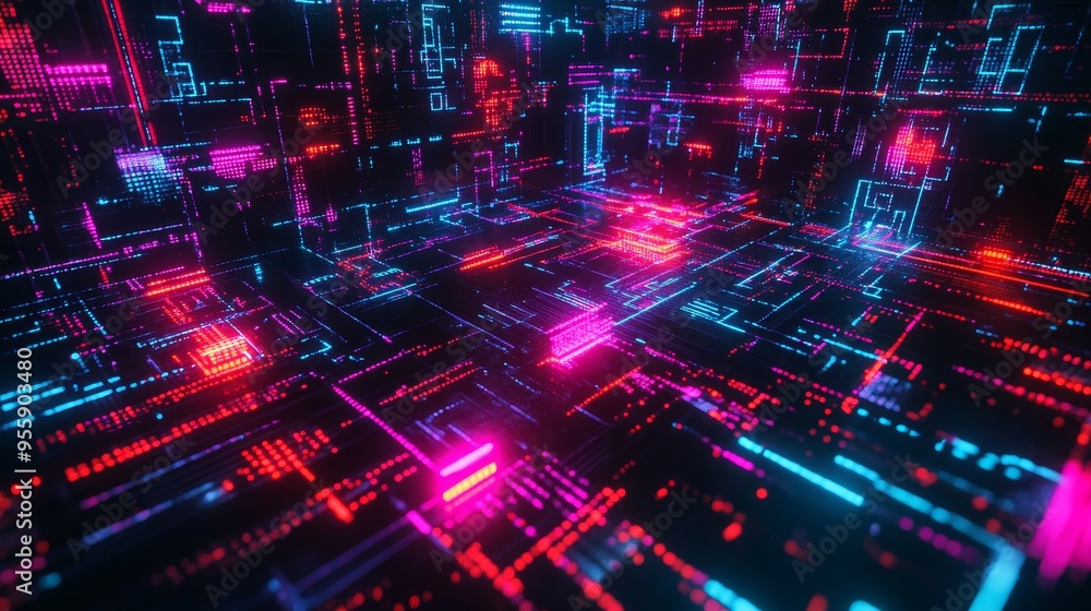Poster an abstract digital data representation with glowing neon lights in a 3d space. the image symbolizes