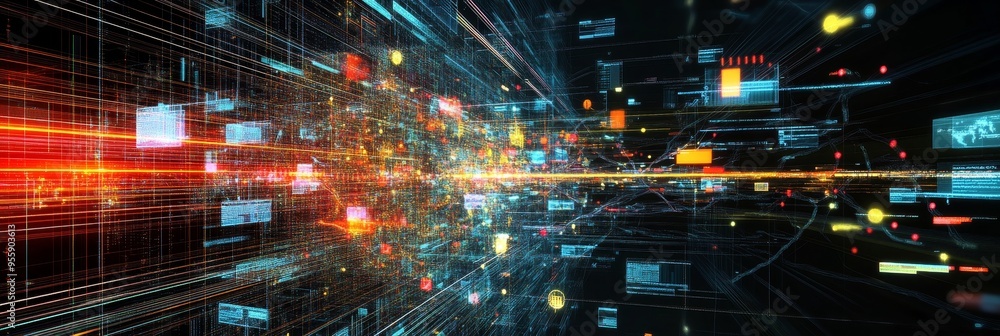 Poster an abstract visualization of data and information flow within a digital network, showcasing intercon