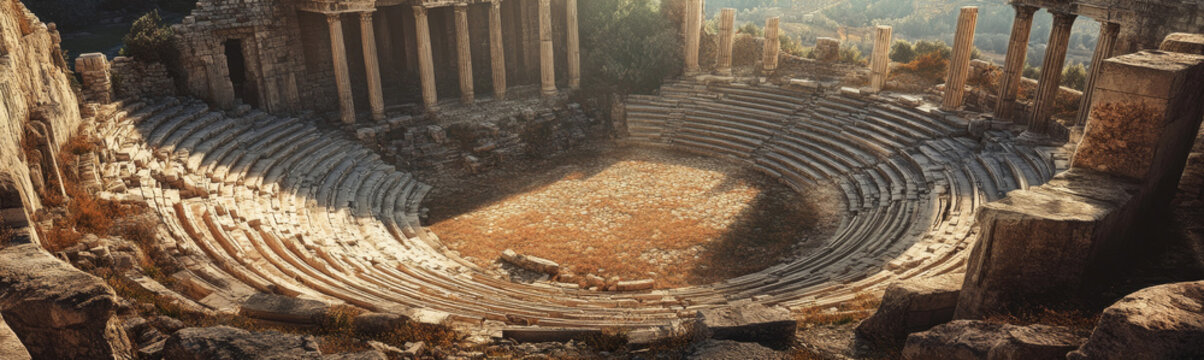 An aerial view of the ancient Greek theatre ruins in Corinth, Greece. The circular seating area, built into the hillside, is a testament to the architectural prowess of the ancient Greeks. The theatre