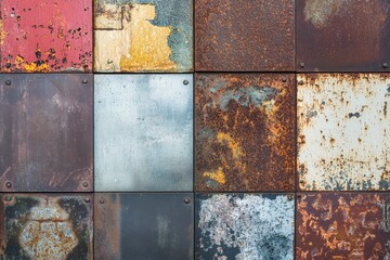 Processed collage of old rusty metal sheet texture in daylight. Background for banner, backdrop or texture for 3D mapping , ai