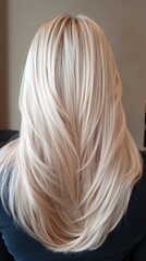 Naklejka premium A woman with long blonde hair is sitting in a chair