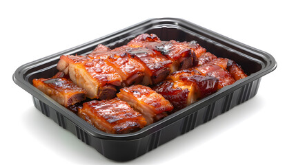 Black plastic rectangular container of Thai food isolated white background