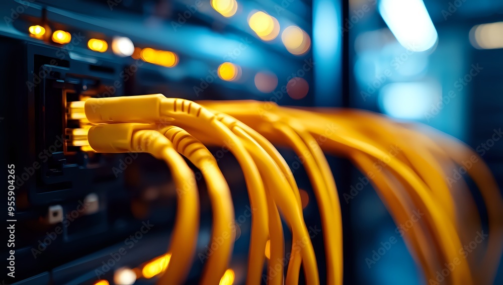 Poster connecting the digital world: a close-up of network cables in a server rack