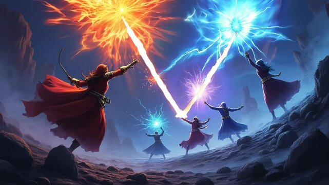 Spellcasters engage in fierce magical combat on a dark, mountainous battlefield. Vibrant streams of fire and ice magic collide mid-air, creating a spectacular display of elemental power.	