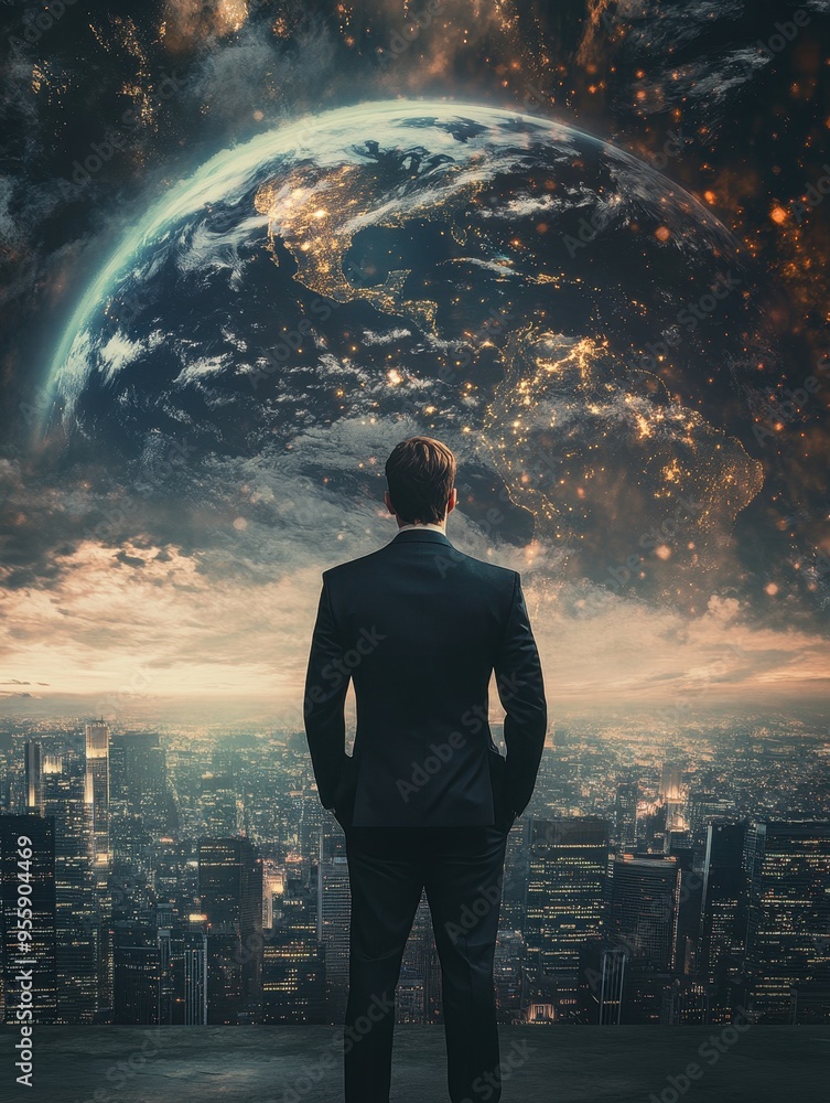 Poster a man in a suit stands in front of a large planet, looking up at it