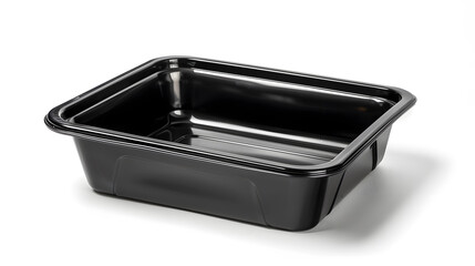 Black plastic rectangular container of Thai food isolated white background
