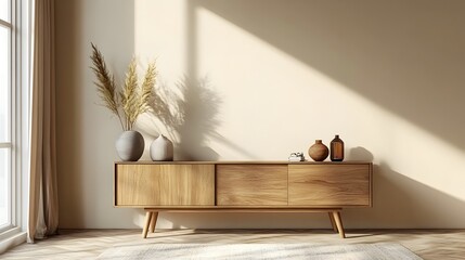 Minimalist Wooden Sideboard with Decorative Accents in Modern Room Interior