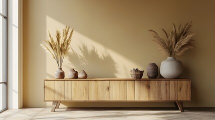 Minimalist Wooden Sideboard with Decorative Elements in a Blank Room Interior Design Setting