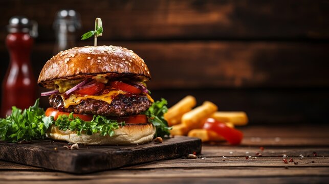 Delicious burger in cozy cafe. Burger background