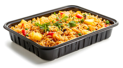 Black plastic rectangular container of Thai food isolated white background