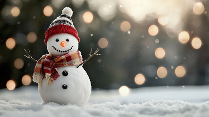 A charming snowman with a traditional top hat, scarf, and coal buttons standing in a snowy winter landscape.