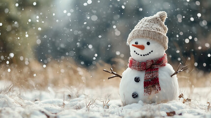 A charming snowman with a traditional top hat, scarf, and coal buttons standing in a snowy winter landscape.