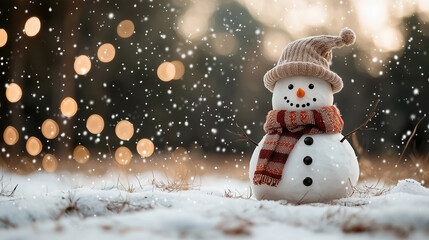 A charming snowman with a traditional top hat, scarf, and coal buttons standing in a snowy winter landscape.