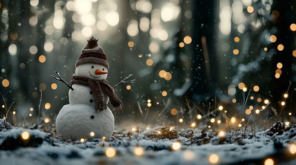 A charming snowman with a traditional top hat, scarf, and coal buttons standing in a snowy winter landscape.
