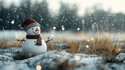 A charming snowman with a traditional top hat, scarf, and coal buttons standing in a snowy winter landscape.