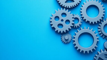 Gray gears interlock on a bright blue background, symbolizing teamwork, collaboration, efficiency, precision, and industrial machinery.