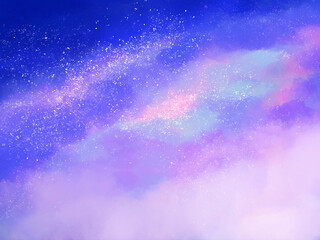 Obraz premium 宇宙、銀河、夜空の手描きイラスト 青と紫のグラデーションにたくさんの星が輝く夜明け前の空