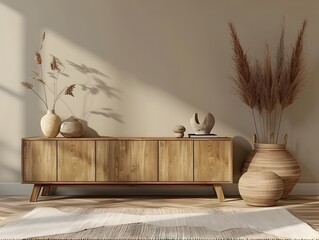 Minimalist Wooden Sideboard with Decorative Items in a Blank Wall Room  Concept of Modern Interior Design