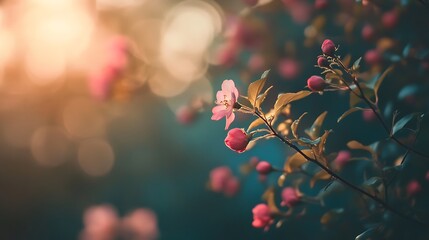 A single pink flower blooms on a branch with several buds, the sun shining through the leaves, creating a bokeh effect in the background.