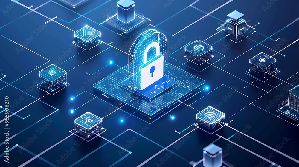 Poster 3d rendering of a network with a padlock at the center, symbolizing cyber security and data protecti