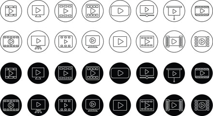 Play video button icons Set. Trendy circle vectors in linear styles. Radio symbols video player arrow. Music play illustration for app and website design. Start video signs on transparent background.