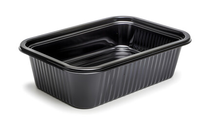 Black plastic rectangular container of Thai food isolated white background