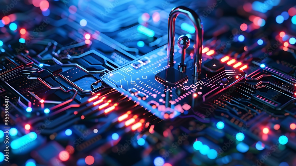 Poster close-up image of a circuit board with a key in the center. the image is a representation of cyberse