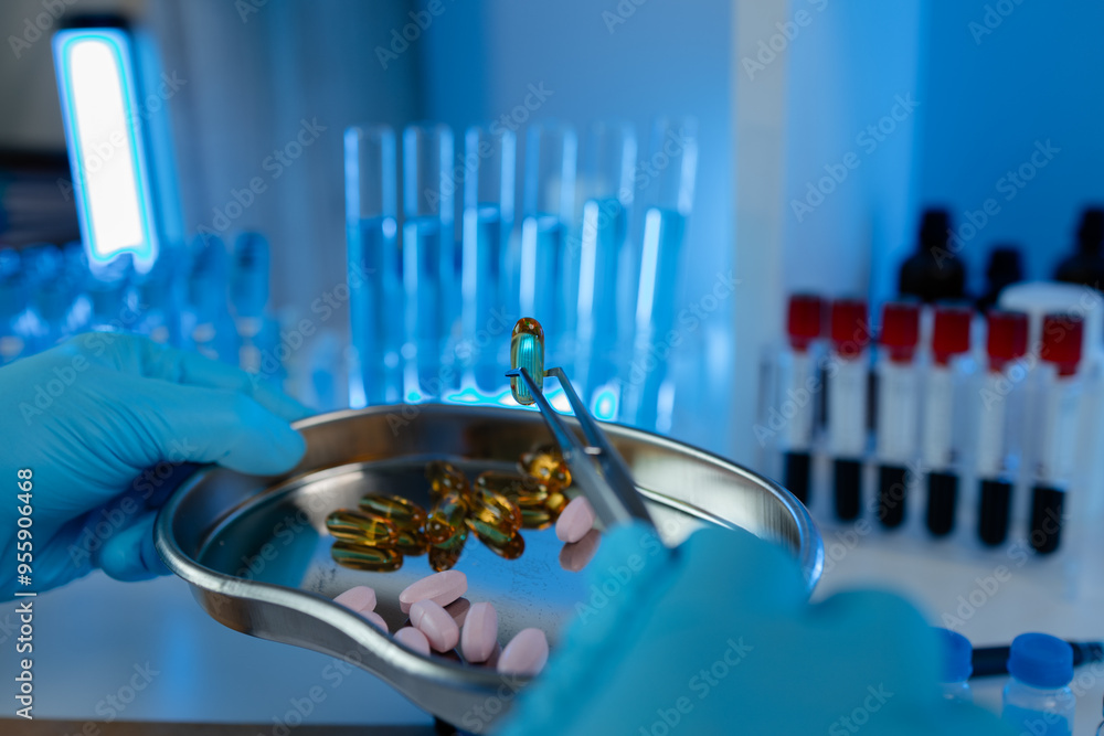 Wall mural a scientist is testing various pills in order to improve their quality an effectiveness in the labor