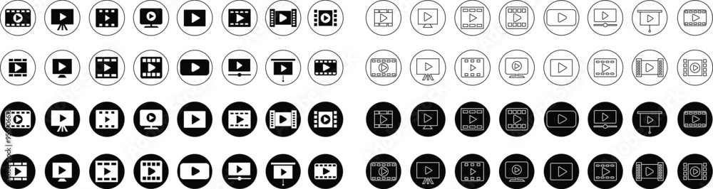 Poster play video button icons set. trendy circle vectors in flat, line style. radio symbols video player a